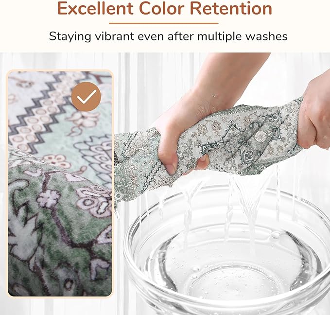 OPPODREAM Thin Entryway Rug 2x10, 2x10 Rug Runner, Washable Hallways Carpet 2 x 10 with Non Slip Backing, Low-Pile Bedside Carpet 2 x 10, Long, Faux Cashmere, Green