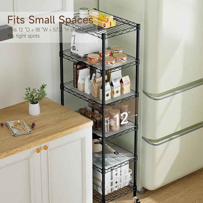 Small 6 Tier Shelves Storage Wire Shelving Unit Metal Shelf Adjustable Organizers Storage Shelving with Wheels for Bathroom Laundry Room Kitchen Pantry12”D x 18”W x 61.6”H Black