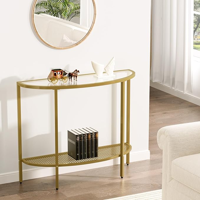 SAYGOER Glass Half Moon Console Table 2 Tier Narrow Entryway Table with Gold Metal Frames, Modern Couch Table Small Entry Way Tables, Easy Assembly, Clear Glass Gold Frames