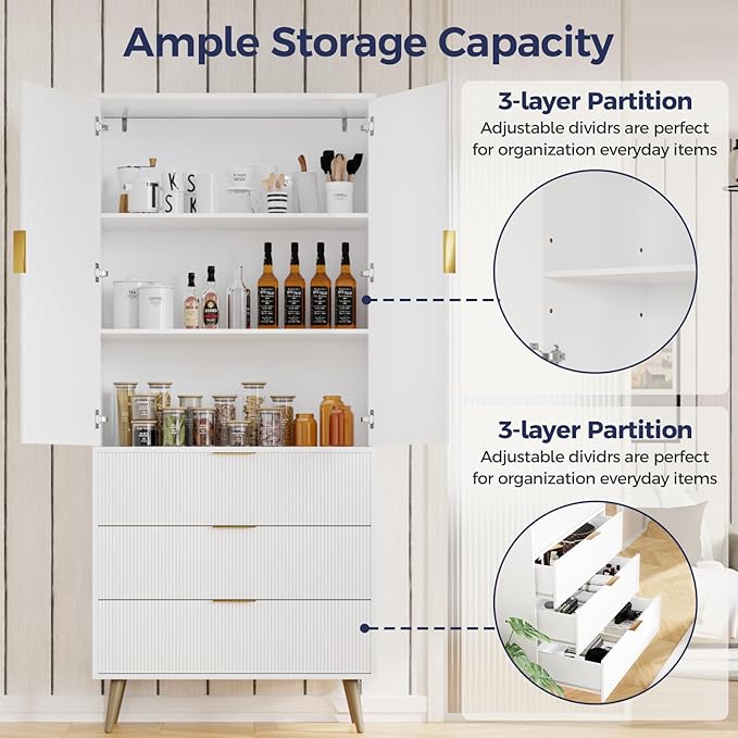 Tall Storage Cabinet, Kitchen Pantry Cabinet with Adjustable Shelves & Fluted Panel Design, Wood Cupboard with 3 Drawers 2 Doors, Tall Home Cupboard for Living Room, Kitchen, White