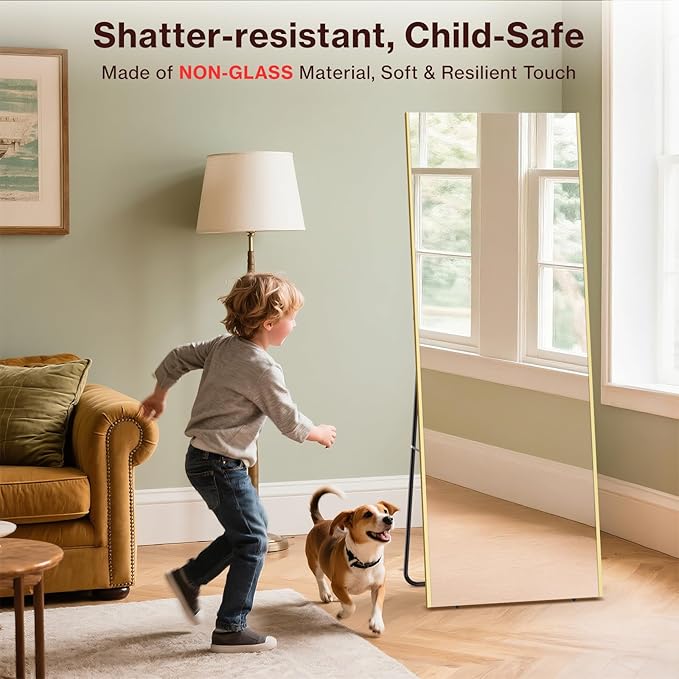 71"x26" Full Length Mirror with Stand, Lightweight & Easy to Move, Free-Standing Mirror for Dressing Room Bedroom, 3-in-1 Usage, Shatterproof Glassless Floor Mirror Kid & Pet Friendly (Gold)