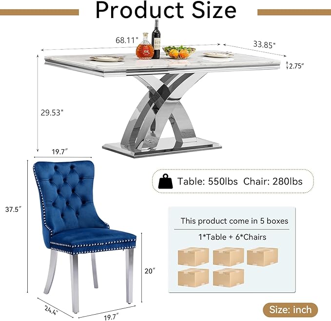 Modern White Marble Dining Table Set for 6,7-Piece Kitchen Table and Chairs for 6,Luxury Silver Dining Room Table Set w/68" Rectangle Dinner Table & 6 Blue Velvet Chairs for Kitchen Dining Room