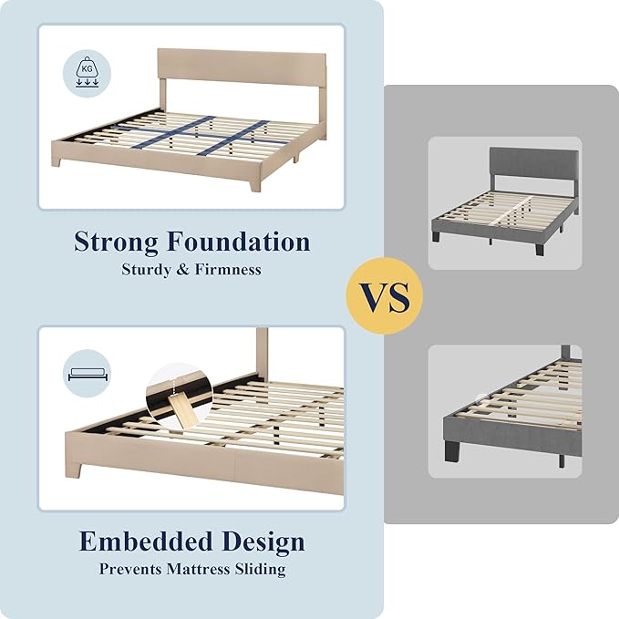 Allewie King Size Bed Frame with Adjustable Headboard, Upholstered Platform Bed with Wood Slats, Heavy Duty Mattress Foundation, No Box Spring Needed, Noise-Free, Easy Assembly, Beige
