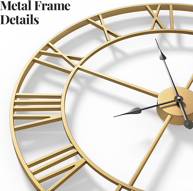 Cuspin Gold Wall Clock, 24 Inch Large Wall Clock for Living Room Kitchen Mantel, Completely Silent Non Ticking Battery-Operated Metal Round Luxury Decorative Modern Clock - Roman Number