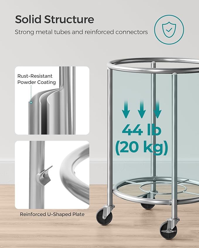 SONGMICS 29-Gallon (110 L) Laundry Basket with Wheels, Rolling Round Heavy-Duty Laundry Hamper Cart with Steel Frame and Removable Bag, 2 Locking Wheels, Cream White and Metallic Silver URLS002W01