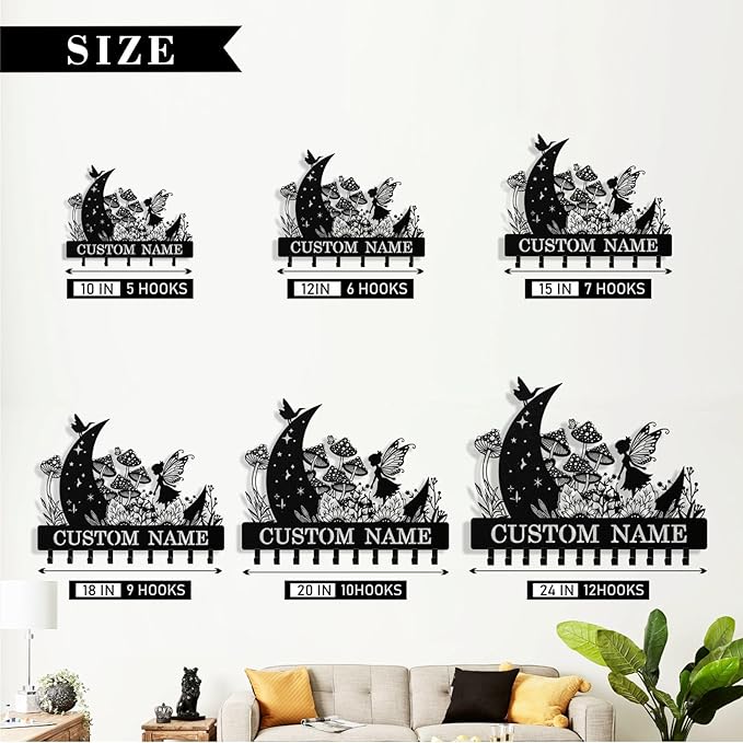 Personalized Fairy Key Holder Wall Mount, Custom Metal Keys Hanger for Wall with Name, Custom Key Rack Holder with Hooks for Home, Entryway, Front Door, Living Room, Kitchen, Bathroom