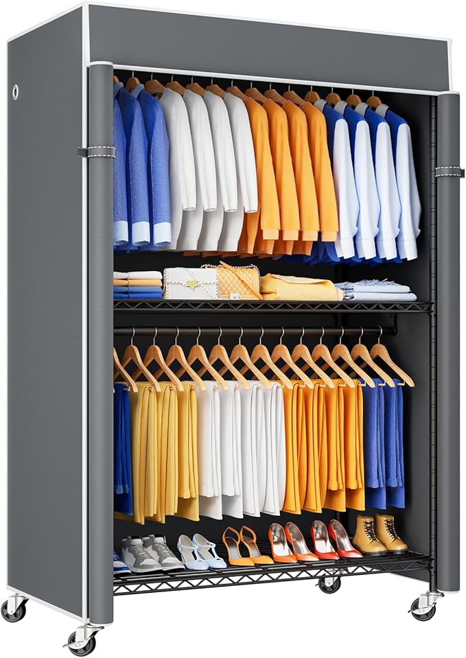P8C Heavy Duty Clothes Rack（With Extended Width Design） Rolling Clothing Racks for Hanging Clothes with Lockable Wheels，51.2" W x 15.8" D x 80.5" H，Max Load 700LBS，Black Rack with Grey Cover