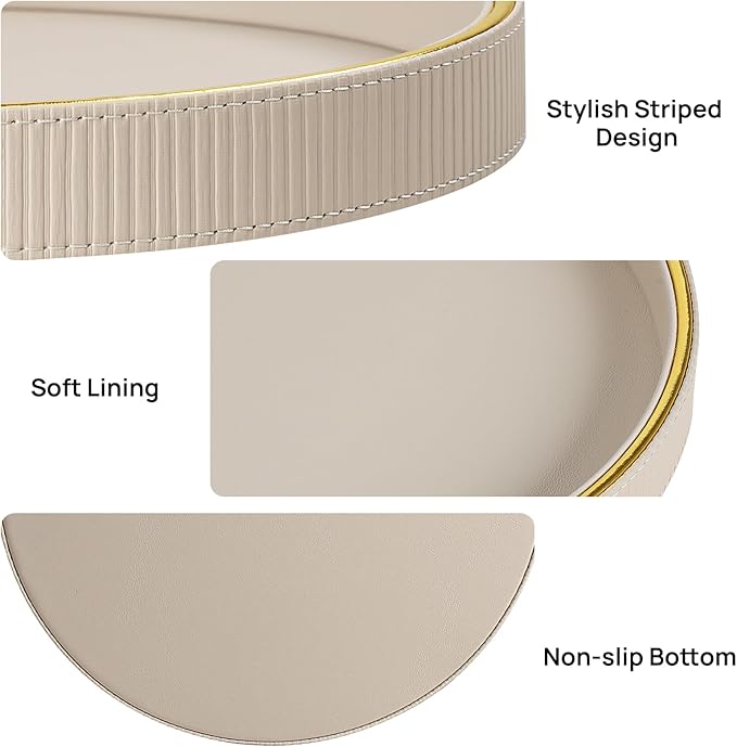 Round Decorative Tray for Coffee Table Decor, PU Leather Coffee Table Tray Golden Trim for Home Decor Living Room Dining Table, Perfume Trays Nightstand Organizer (Beige)