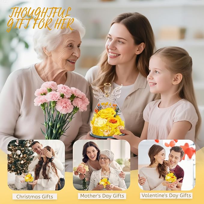 Birthday Gifts for Women Mom Preserved Roses in Glass Angel Figurines Fresh Flowers for Delivery Forever Flowers Eternal Rose Christmas for Grandma Sister Wife Her from Daughter