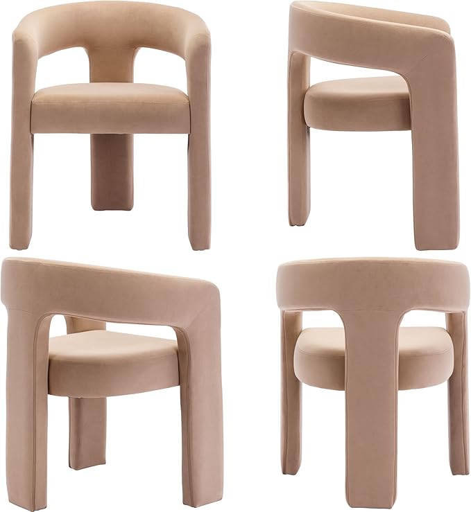 Set of 3 Modern Velvet Fabric Upholstered Dining Chairs with Open-Back, Cute Barrel Side Chairs Kitchen Armchair Accent Chairs for Dining Room Bedroom, Khaki