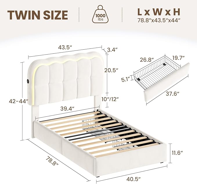 Twin Bed Frame with Storage Drawers and Headborad, Upholstered LED Twin Size Platform Bed Frame for Kids – Sturdy Metal Bed Frame Twin with Wood Slats Support, No Box Spring Needed,White