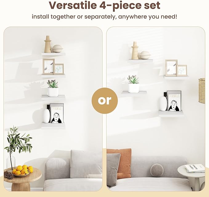 Fun Memories Floating Shelves for Wall - 7.5 Inch Square Shelves with Invisible Brackets, White Small Wall Shelf for Living Room, Bathroom, Bedroom, and Kitchen Decor，Set of 4