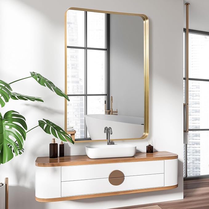 Wall Mirror 30" x 40" for Bathroom Gold Metal Deep Frame Rectangular Round Corner Wall Mounted Vanity Mirror for Bedroom Living Room Entryway Wall Decor