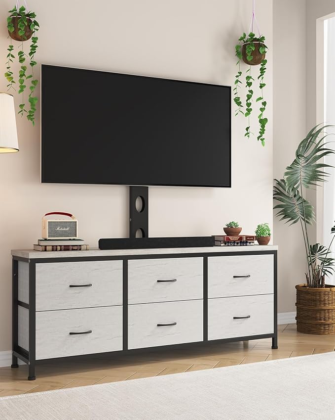 TV Stand with Mount, Fabric Dresser with 6 Drawers for 32/45/55/60/65/75 inch TVs, Dresser Entertainment Center, Modern Media TV Console Table