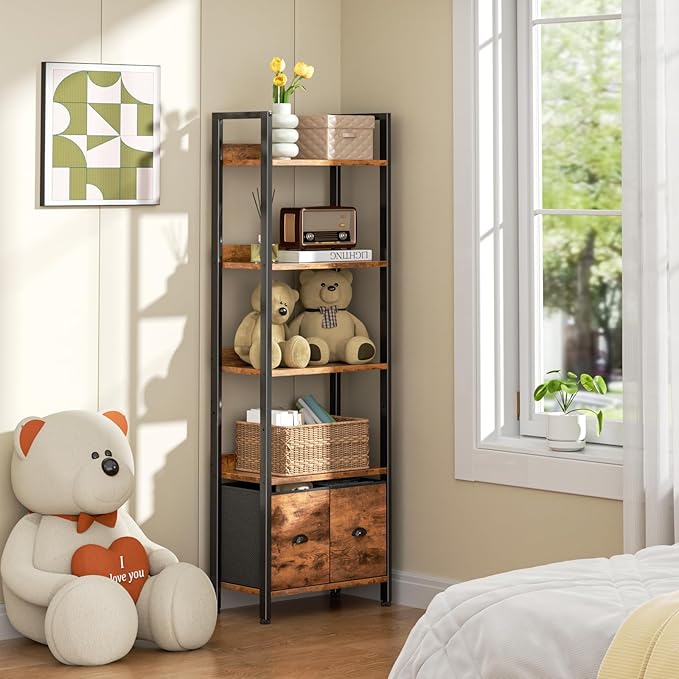Furologee 5-Tier Bookshelf, Tall Bookcase with 2 Storage Drawers, Adjustable Industrial Display Standing Shelf Units, Wood and Metal Storage Rack for Living Room, Bedroom, Home Office Rustic Brown