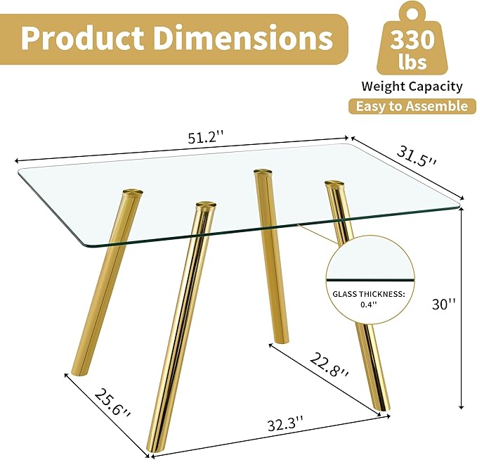 Modern Glass Dining Table for 6, 51.2" Rectangular Dining Table with Tempered Glass Top & Metal Legs, Gold Kitchen Table for Dinner Dining Room Living Room