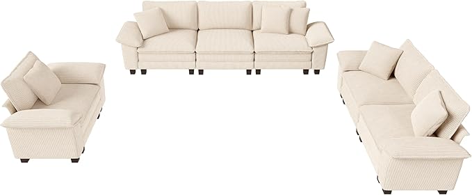 U-Shaped Cloud Modular Sofa Set, Deep Seat 3-Piece 6-Seater Sectional Couch & Removable Arms, Plush Corduroy for Living Room - Beige