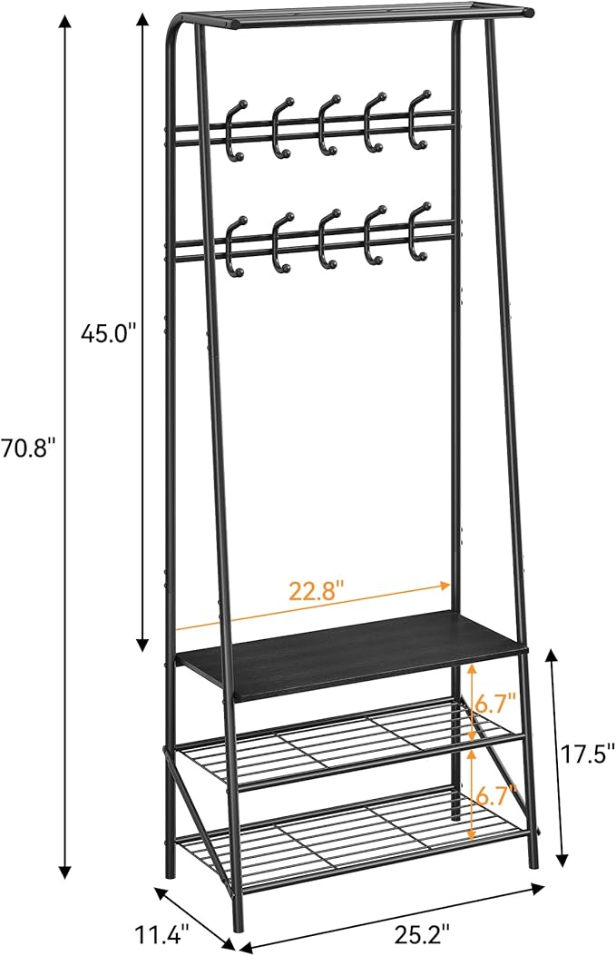 MDF Hall Tree with Bench, 4-in-1 Entryway Coat Rack with Storage Shelf & Shoe Organizer, Sturdy Freestanding Furniture for Living Room, Bedroom, Mudroom