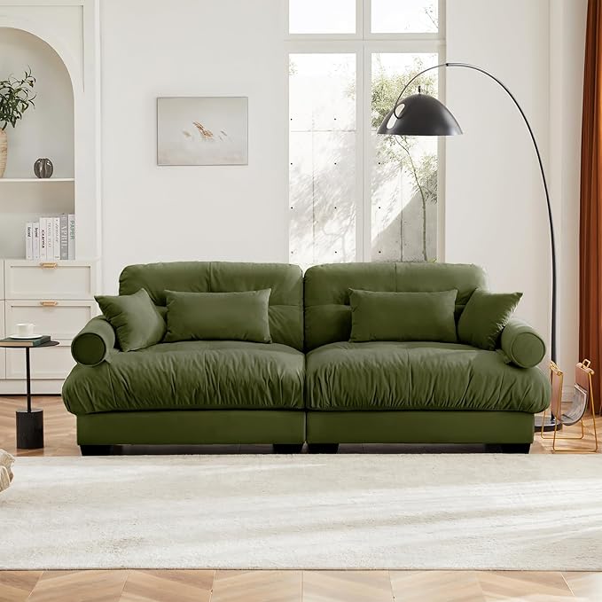 93.7” Loveseat Sofa, 2 Seater Modular Sectional Sofa, Olive Large Sectional Couches for Living Room, Fluffy Couch Set, Love Seat, Velvet Cloud Couch with 4 Pillows, Deep Seat Sofas for Living Room