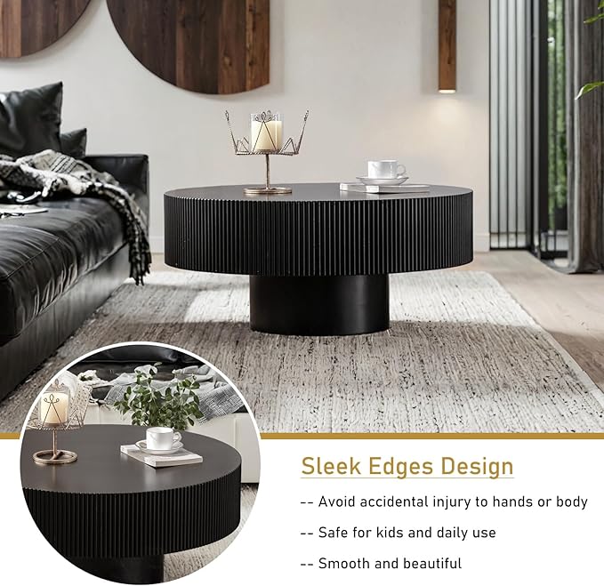 Round Drum Coffee Table 30.91" Handcrafted Fluted Drum Coffee Table Mid Century Accent Tables Modern Luxury Circle Center Table Vintage Farmhouse Center Table for Living Room (Black Thick)
