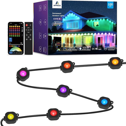 Permanent Outdoor Lights 100ft,RGBW Eaves Light with 72 LED Lights,111+ Scenes Modes Outdoor Lighting, Waterproof Permanent Light for Daily Holiday Halloween Decorations, Compatible with Alexa,Black