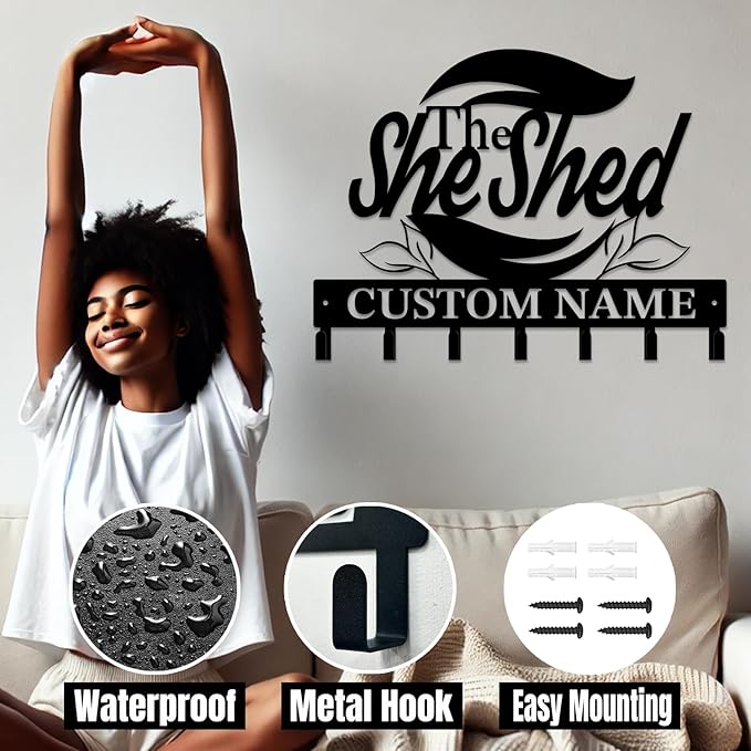 Personalized She Shed Keys Hooks,Custom Name Metal She Shed Art Keys Hooks,Metal She Shed Lover Wall Home Storage Decorative Keys Hooks,Key Holder Hooks for Wall (Style E)