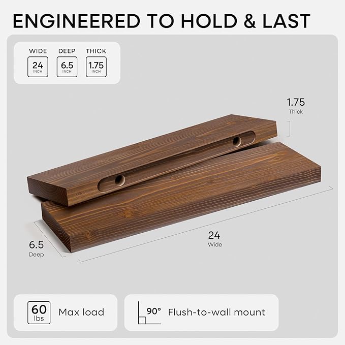 Homeforia Classic Walnut 24 inch Floating Shelf, High End Solid Real Wood Small 24inch Floating Shelves for Wall Mounted, 24in Floating Shelves, Heavy Duty Bracket, 24 X 6.5 X 1.75 inches, Set of 3