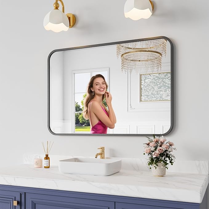 Koonmi Bathroom Mirror, 26X38 Brushed Black Rectangle Wall Mirror, HD Tempered Glass, Anti-Rust Frame Vanity Mirror, Rounded Rectangle Mirror for Restroom, Bedroom, Hangs Horizontal or Vertical