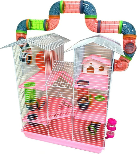 Pink Large Twin Tower Habitat Hamster Home Rodent Gerbil Mouse Mice Rat Wire Animal Cage Long Crossover Tube Expandable and Customizable with Hide House Running Wheel Food Bowl Water Bottle Deep Base