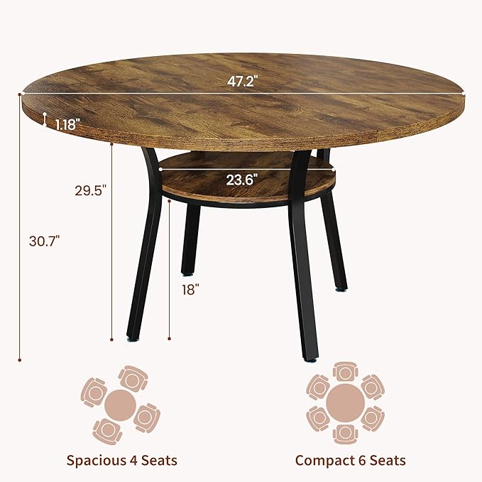 Garvee 47'' Round Dining Table for 4-6 People, Farmhouse Kitchen Dining Table, Round Dinner Table with Storage Shelf for Kitchen, Living Room (Table Only), Rustic Brown