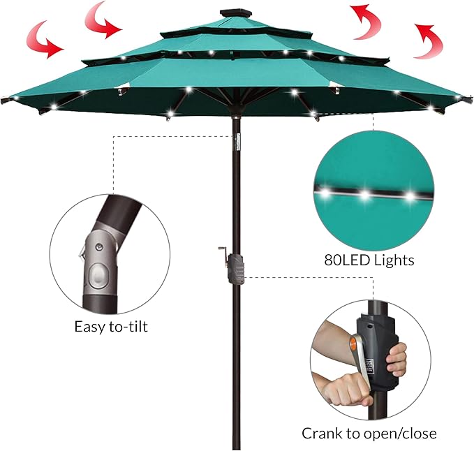 EliteShade USA 10-Year-Non-Fading Solar 9ft 3 Tiers Market Umbrella with 80 LED Lights Patio Umbrellas Outdoor Table with Ventilation,Teal
