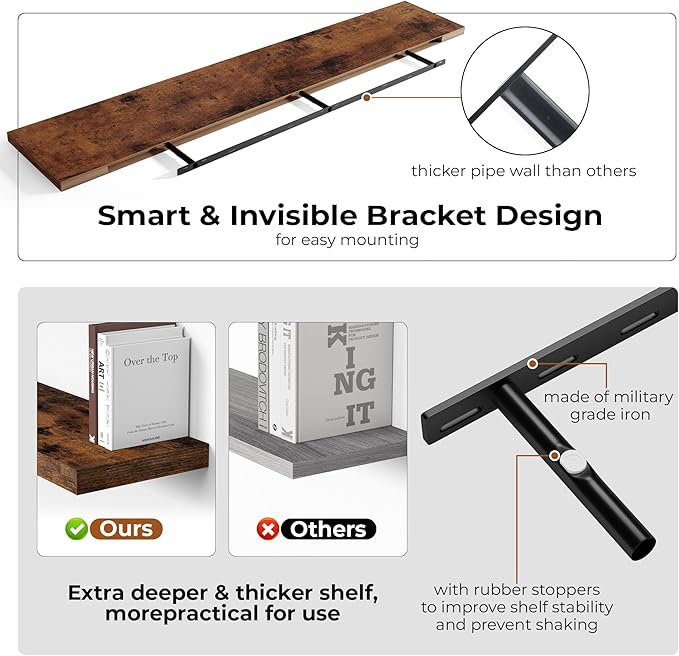 Fun Memories 66 Inch Fireplace Mantel Shelf with Invisible Bracket, 8 Inch Deep Floating Shelf for Living Room, Kitchen, Farmhouse, Brown
