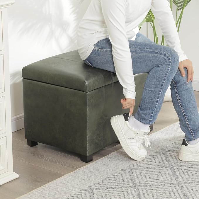 Joveco 24" Faux Suede Storage Ottoman Bench, Rectangle Foot Rest Stool for Living Room, Bedroom, Entryway, Moss Green