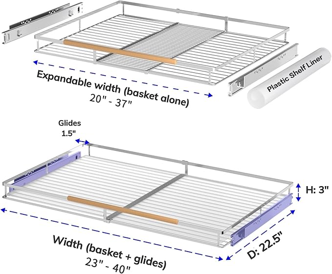 Pull Out Drawer Cabinet Organizer, Expandable Slide Out Storage Shelves - Heavy Duty, Durable and Smooth Slide-Out, 23" x 40" Wide x 22.5" Deep, 1 Pack