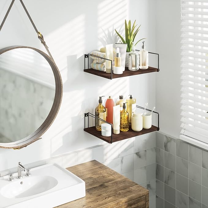 SRIWATANA Wide Floating Shelves, Rustic Wood Wall Shelves Set of 2, Wall Mounted Shelves with Large Capacity for Many Rooms Decor, Dark Walnut