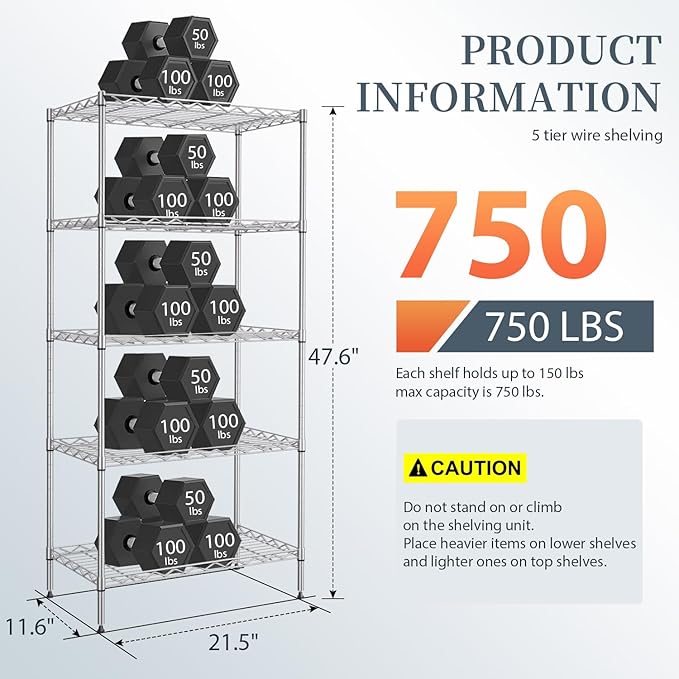 BestOffice 5-Shelf Storage Shelves, Adjustable Shelving Unit Wire Shelving Metal Shelves,11.6" D x 21.5" W x 47.6" H,Chrome
