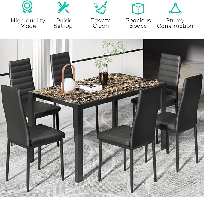 Gizoon Glass Dining Table Sets for 6, 7 Piece Kitchen Table and Chairs Set for 6 Person, PU Leather Modern Dining Room Sets for Home, Kitchen, Living Room