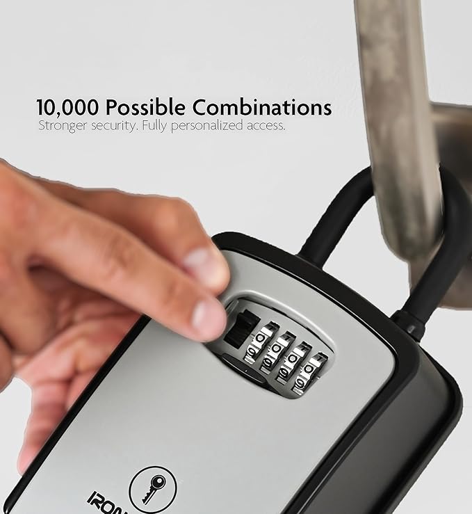 Iron Lock® Key Lock Box Portable with U-Shackle – XXL Waterproof Heavy-Duty Metal Safe with 4-Digit Combination for Spare Keys Outside on Door Knob, Fence or Gate (Grey, XXL)