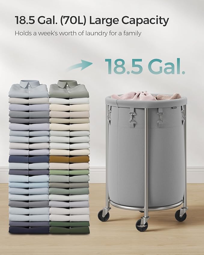 SONGMICS 18.5-Gallon (70 L) Laundry Basket with Wheels, Rolling Round Heavy-Duty Laundry Hamper Cart with Steel Frame and Removable Bag, 2 Locking Wheels, Gray and Metallic Silver URLS006G01
