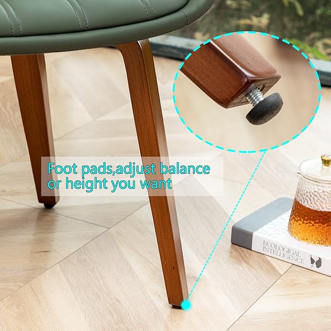 Mid Century Modern Faux Leather Upholstered Dining Chairs Set of 2,Armless Accent Chairs with Sturdy Natural Wood Legs,Bamboo Backrest Support for Kitchen&Dining Room Chairs(Green PU)