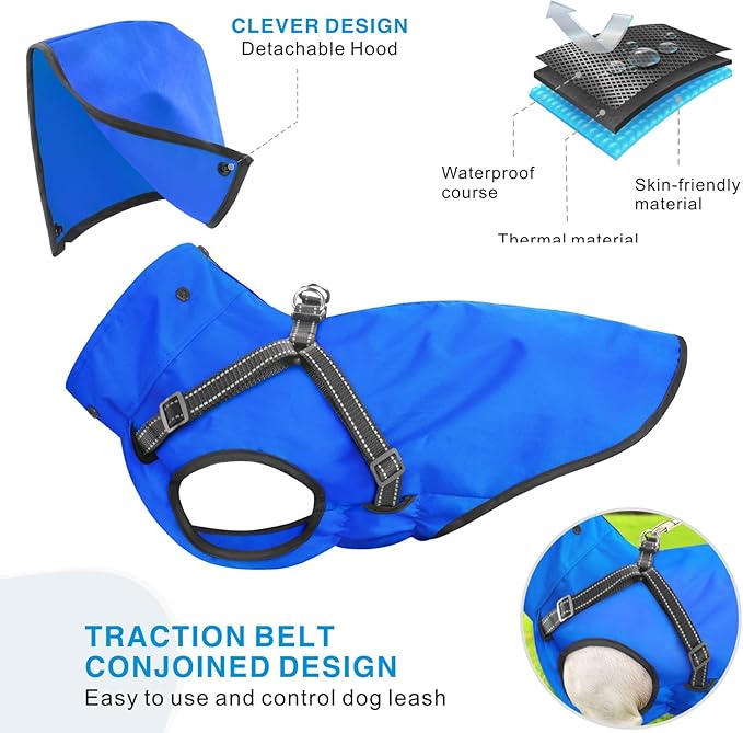 Mosucoirl Dog Raincoat Waterproof Dog Hoodie Reflective Doggie Raincoat Hooded Adjustable Rain Jacket for Small Medium Large Dogs Puppies Doggie Black Red Yellow Green (Blue, L)