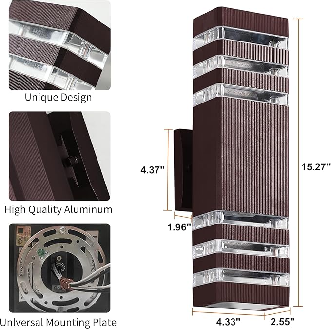 tewei 2 Pack Outdoor Wall Lights, Modern Exterior Light Fixture Wall Mount Brown Outdoor Lights for House, Waterproof Aluminum Up and Down Porch Lights Wall Sconces for Garage Patio, 3-Layer