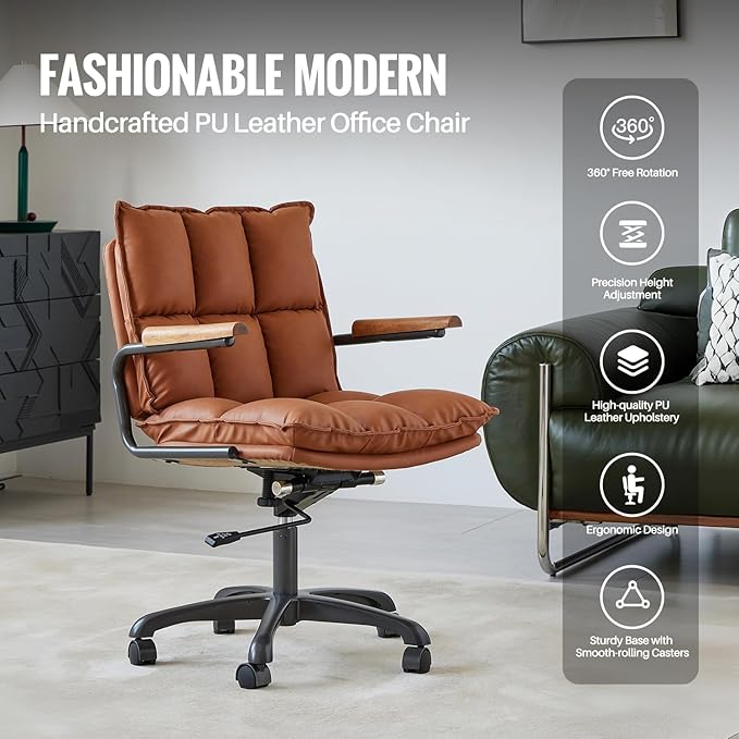 Home Office Desk Chair, Ergonomic Computer Chair with Wheels and Oak Arms, Adjustable Height Rolling Swivel Executive Task Armrests Chair, Rust Brown