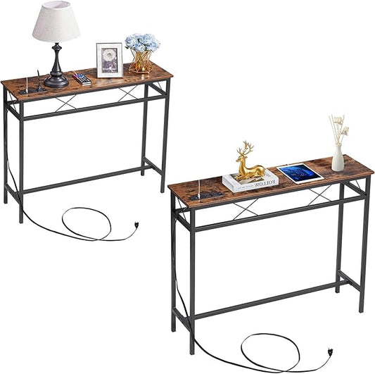 VECELO 39.4In Narrow Sofa/Console Table with Charging Station & Power Outlet and USB Ports, for Entryway, Living Room, Office, Industrial, Metal Frame, 2 Pack, Rustic Brown