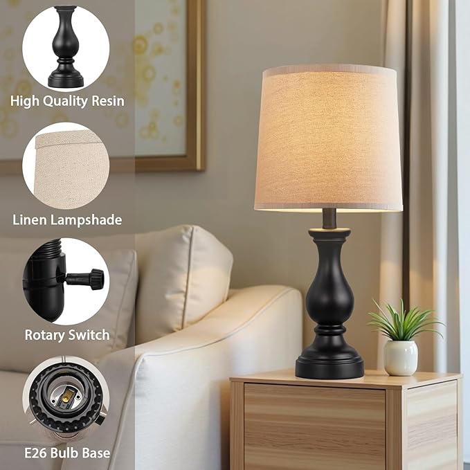 Seealle Farmhouse Table Lamps Set of 2 - Rustic Lamp for Bedroom Living Room, 22" Boho Bedside Lamps for Night Stands End Table Office Desk Lamp Nightstand with Linen Shades(Matte Black)