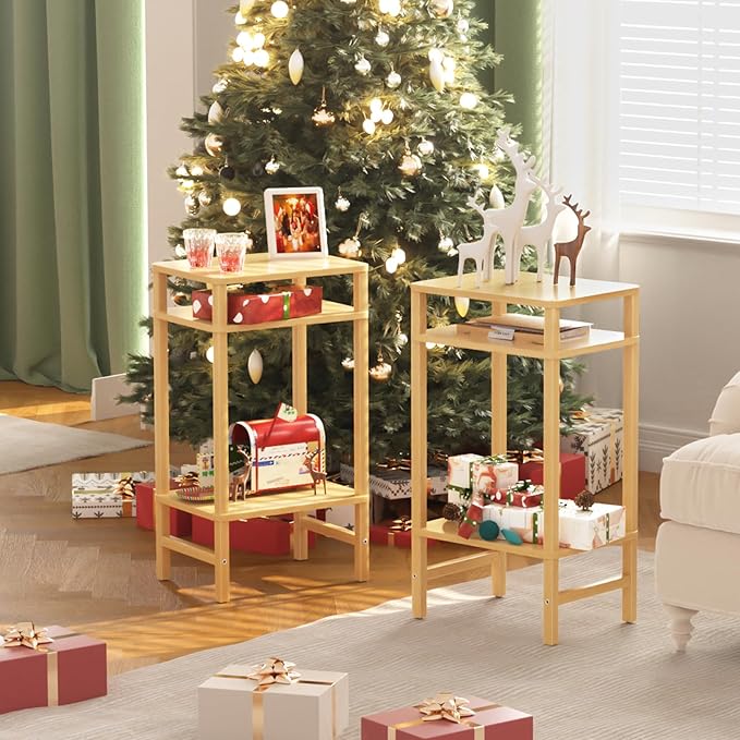 28in Tall Bamboo Side Table Set of 2, 3-Tier Small Narrow End Table for Couch, Skinny Nightstand for Small Space, Farmhouse Slim Night Stand with Storage, Wooden Thin Bedside Table, Natural