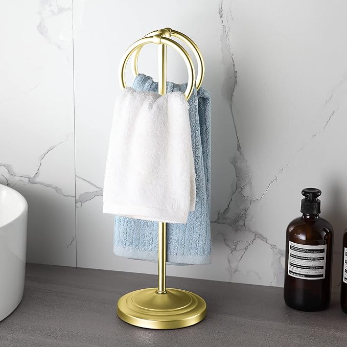 BGL Fingertip Towel Holder Stand Hand Towel Ring for Bathroom or Kitchen Vanity Countertops to Store Hand Towels Washcloths or dishcloths - 2 Hanging Rings,Gold…