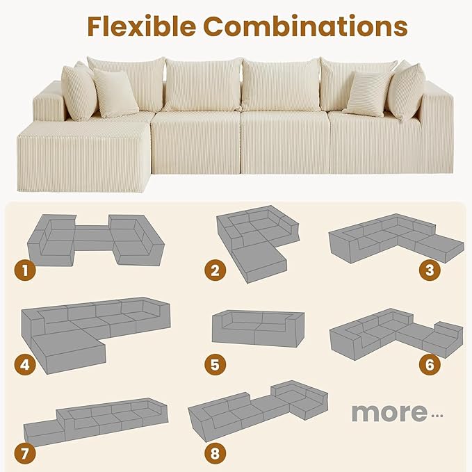 Oversize 131” Boneless Couch for Living Room, Comfort L Shaped Cloud Couch Sectional, Extra Deep Seats Corduroy Modular Sectional Sofa No Assembly,Beige
