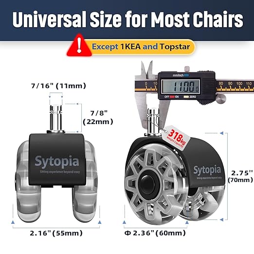 Sytopia Office Chair Wheels Replacement, 2.5 Inch Heavy Duty Casters, Set of 5, for Carpet and Hardwood Floors, Universal Size 11x22mm, Fits 99%, Grey