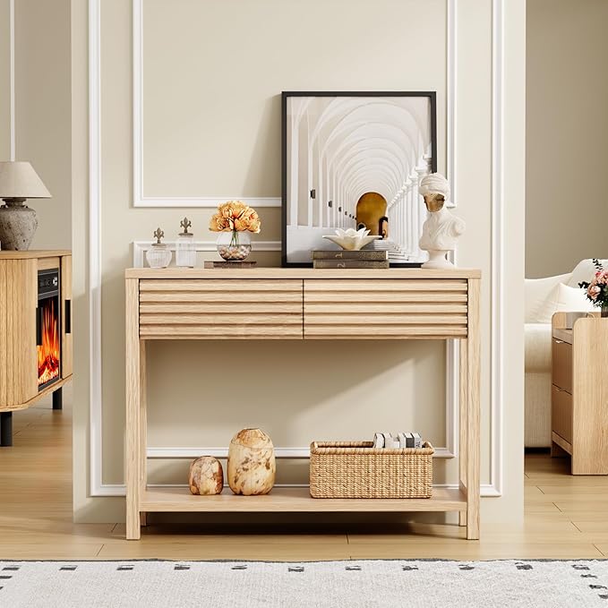 EAG 40" Fluted Console Table with 2 Drawers, Modern Wood 2 Tier Entryway Table with Storage Shelf, Narrow Sofa Tables Behind Couch for Entrance Foyer, Hallway, Living Room, Natural